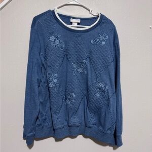 Alfred Dunner grannycore Blue Embroidered Floral Argyle Pullover Women’s XL